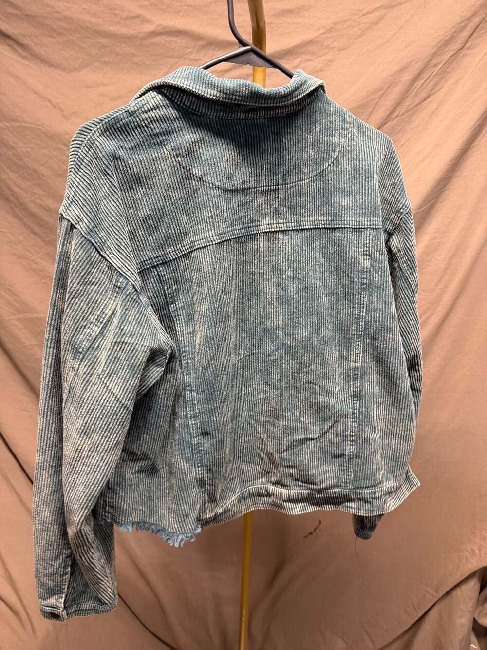 POL Clothing Teal Acid Wash Corduroy Cropped Jacket with Frayed Hem - Picture 2 of 3
